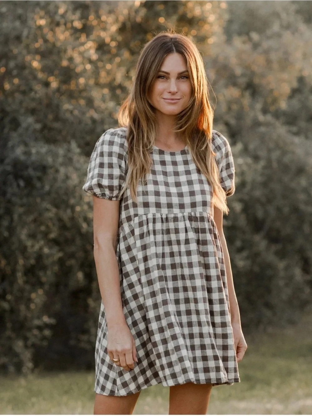 Rylee + Cru Marley Adult Gingham Puff Sleeve Babydoll Dress - Brown & Cream XS